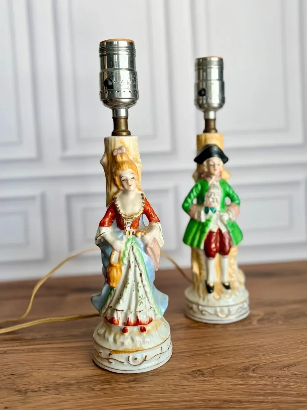 Boudoir Lamps Pair Porcelain Figurine Colonial Couple Vintage 7” Set of 2